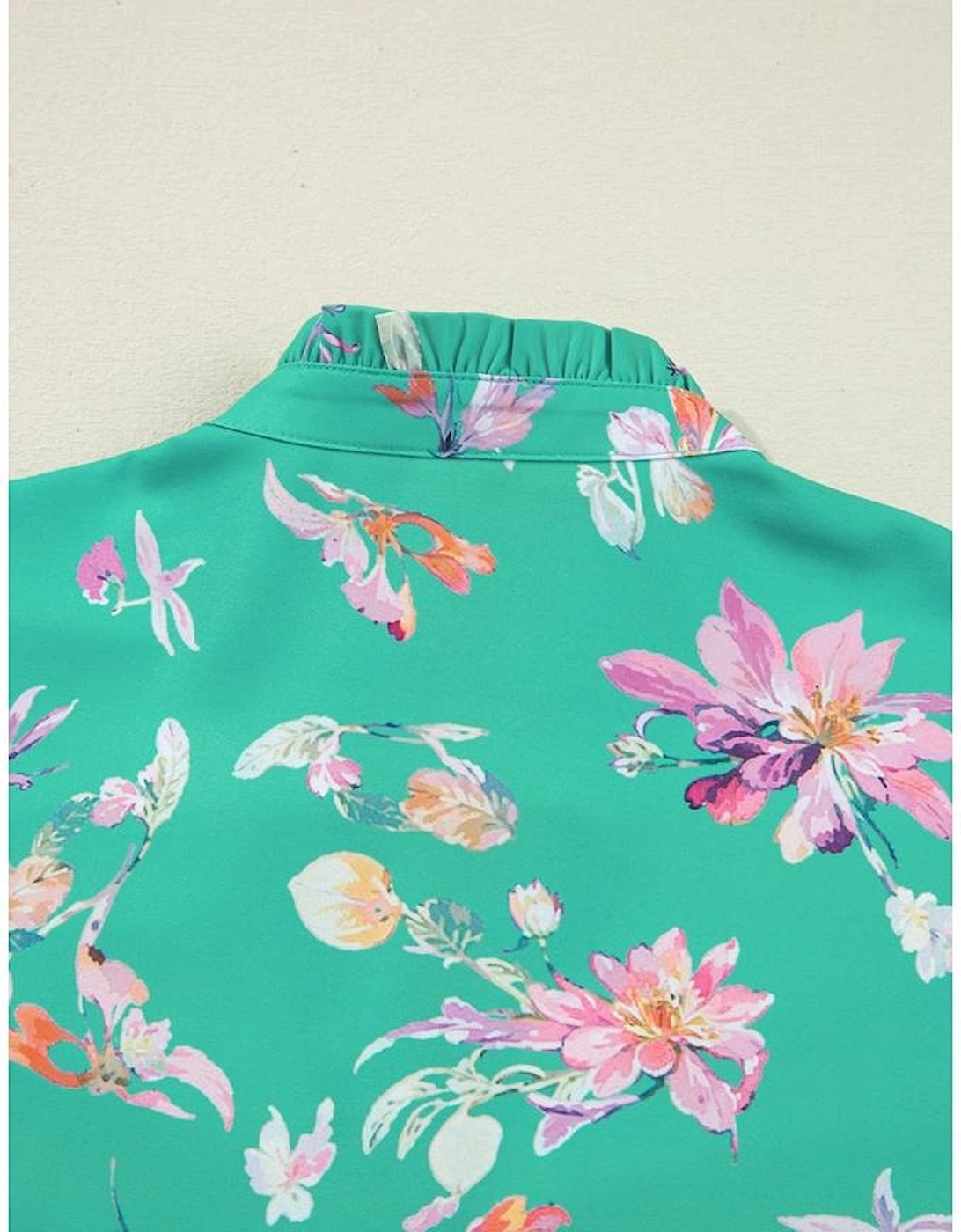 Green Floral Lantern Sleeve Button Front Shirt
