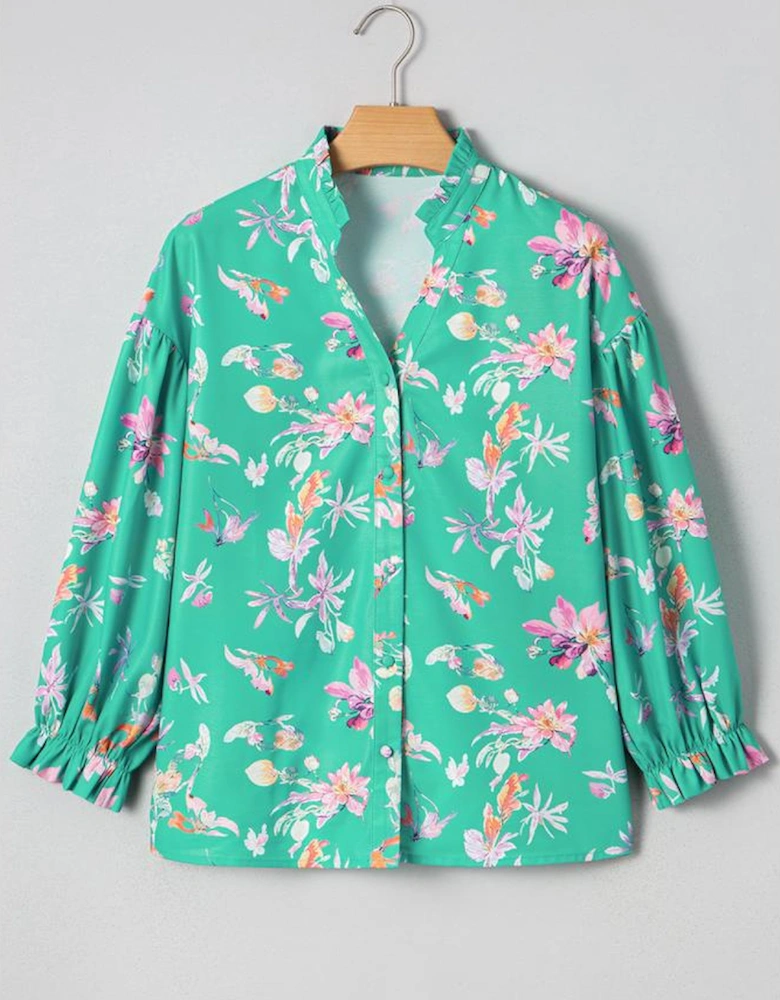 Green Floral Lantern Sleeve Button Front Shirt
