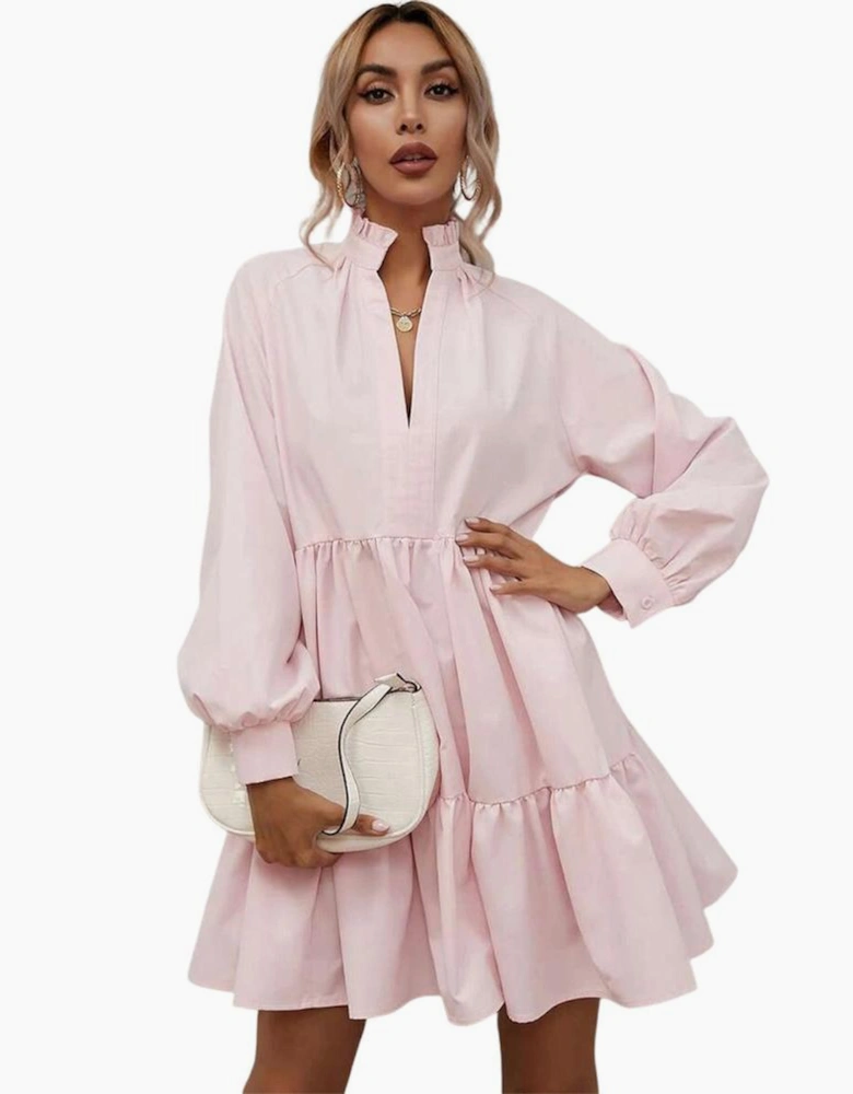Pink Frilled Stand Collar Long Sleeve Ruffle Dress