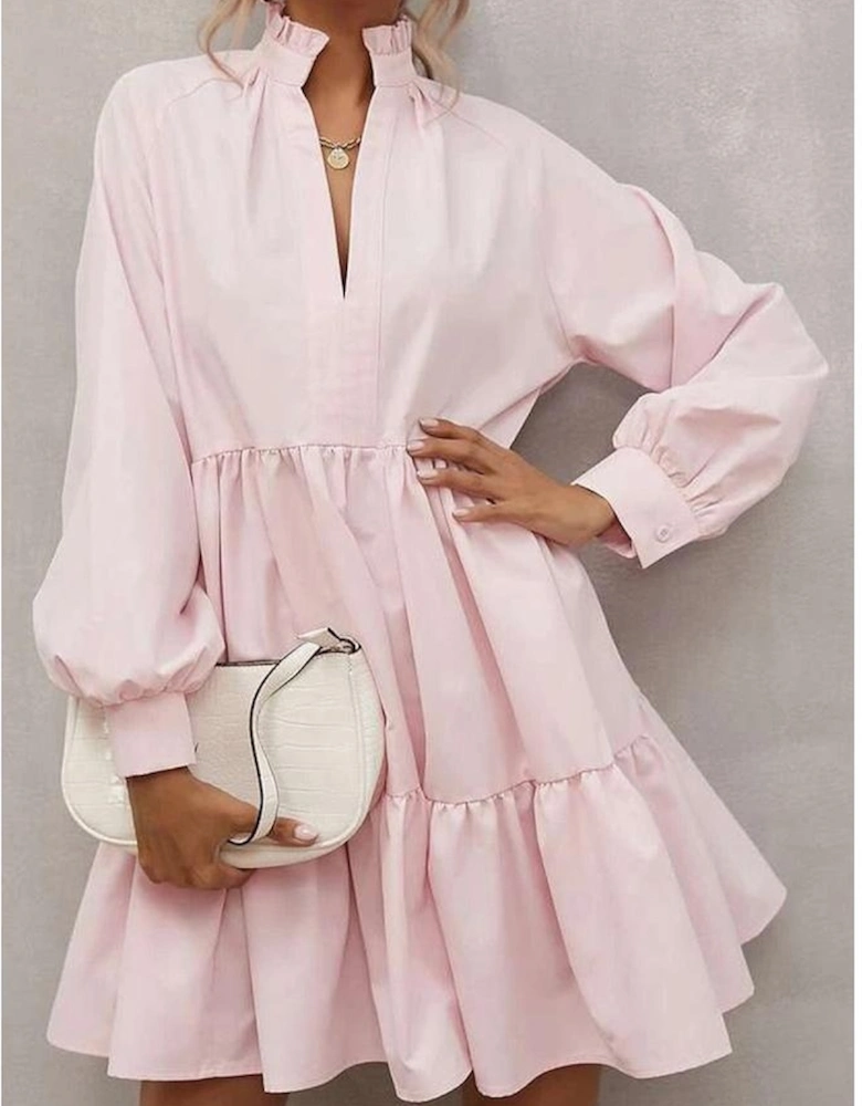 Pink Frilled Stand Collar Long Sleeve Ruffle Dress