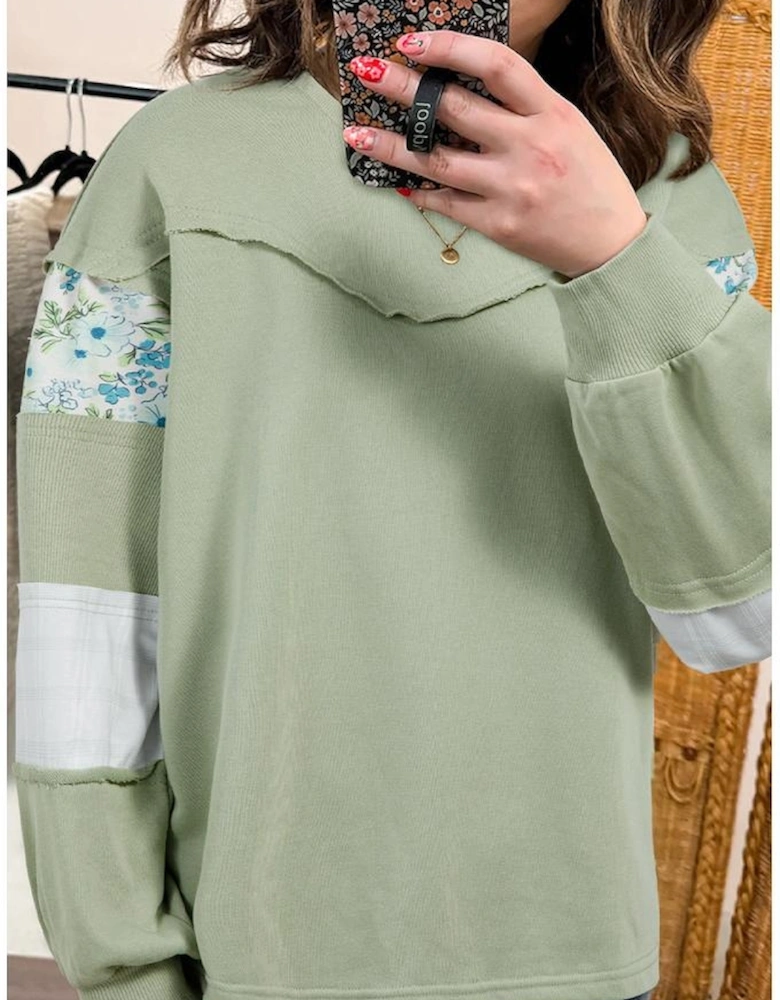 Laurel Green Floral Plaid Mixed Sleeve Raw Edge Relaxed French Terry Top