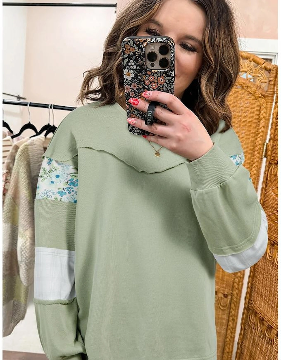 Laurel Green Floral Plaid Mixed Sleeve Raw Edge Relaxed French Terry Top