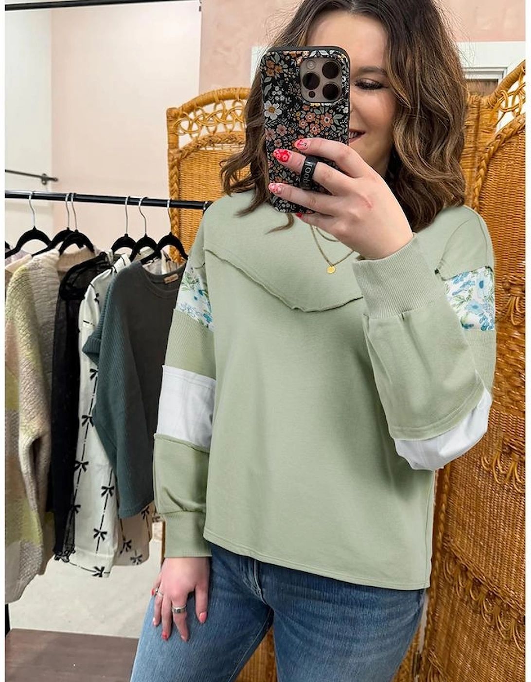 Laurel Green Floral Plaid Mixed Sleeve Raw Edge Relaxed French Terry Top, 4 of 3