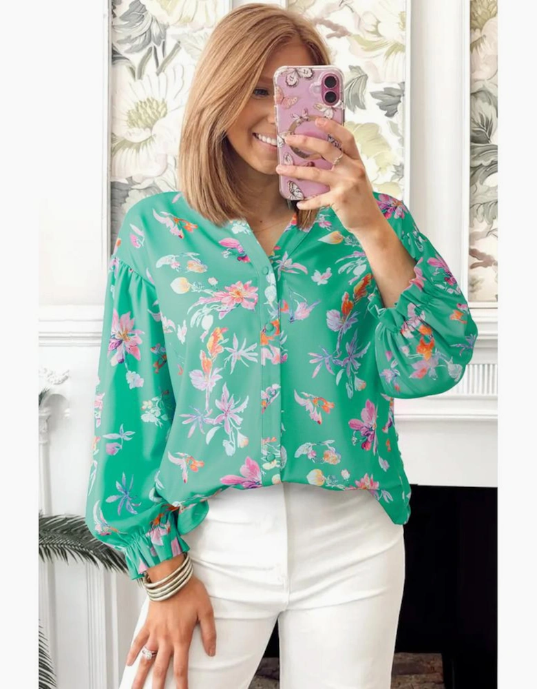 Green Floral Lantern Sleeve Button Front Shirt
