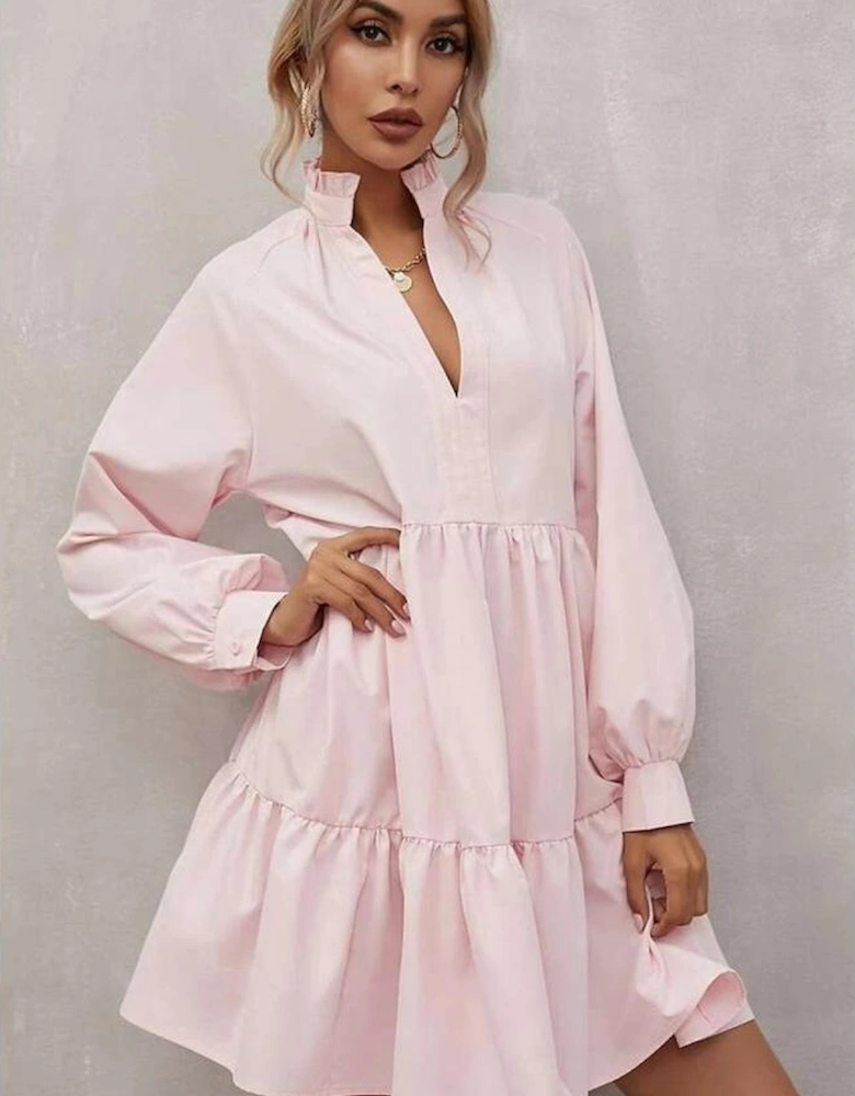 Pink Frilled Stand Collar Long Sleeve Ruffle Dress