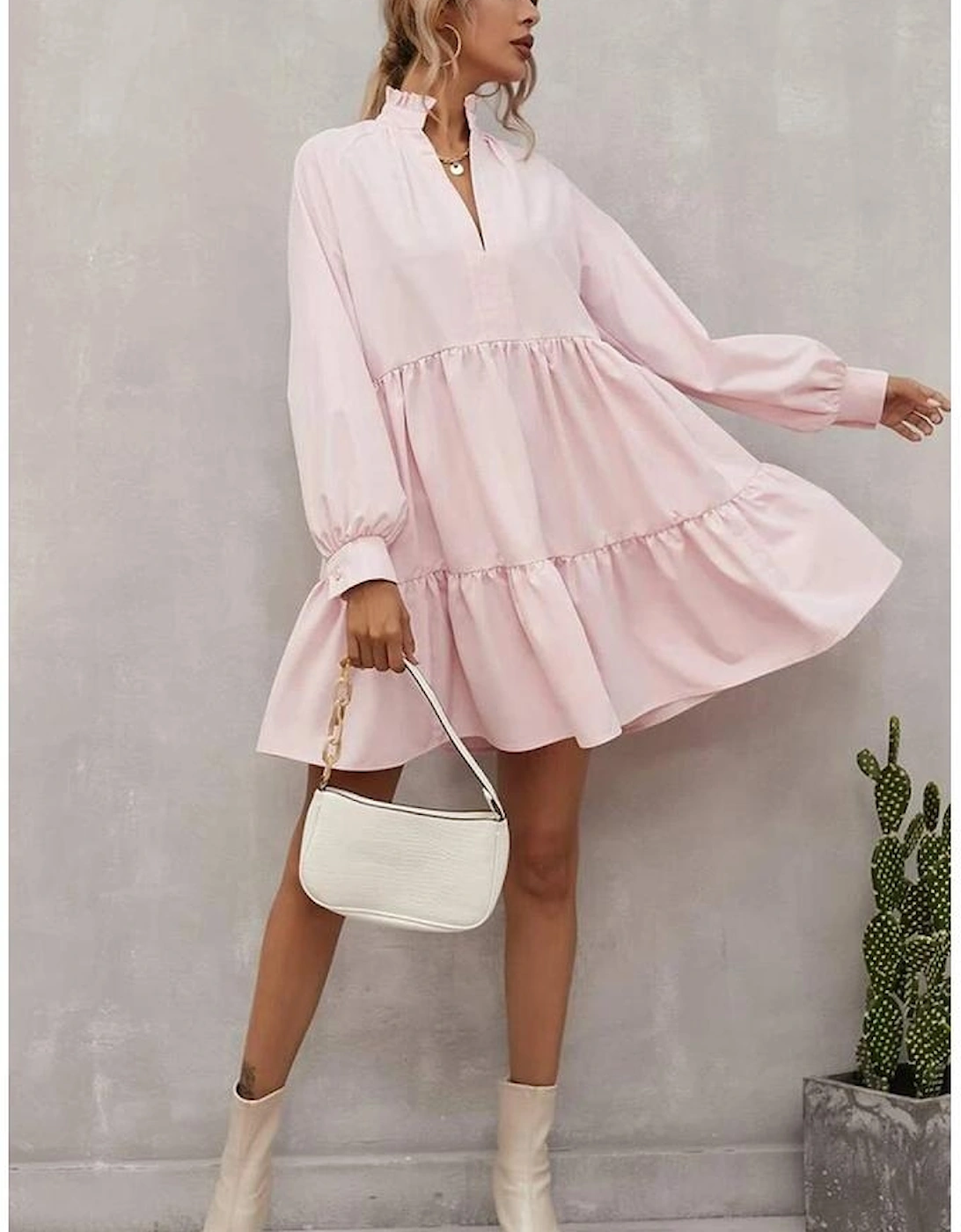Pink Frilled Stand Collar Long Sleeve Ruffle Dress