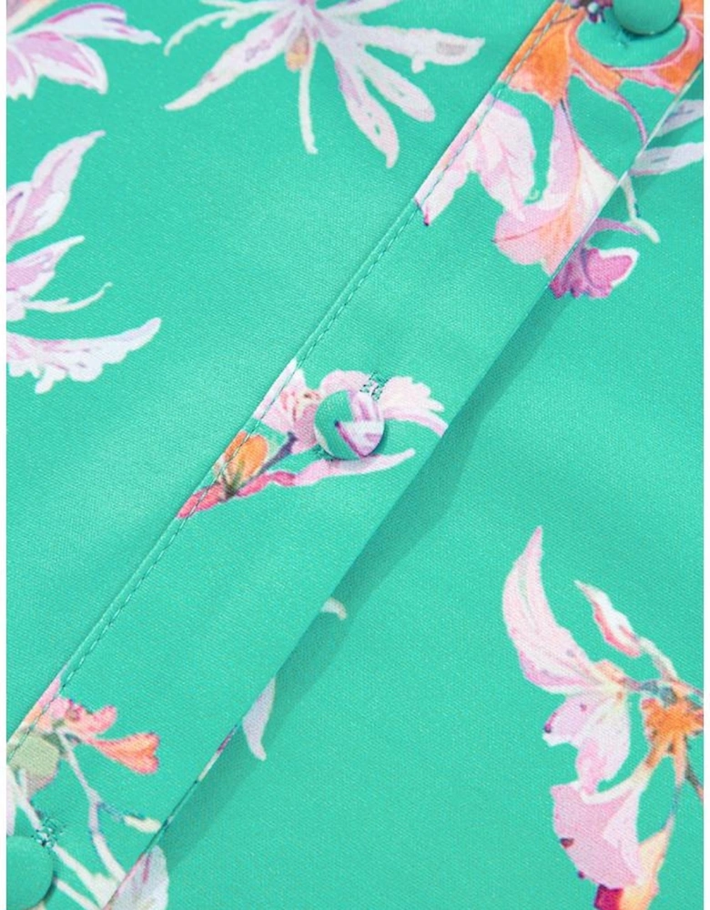 Green Floral Lantern Sleeve Button Front Shirt