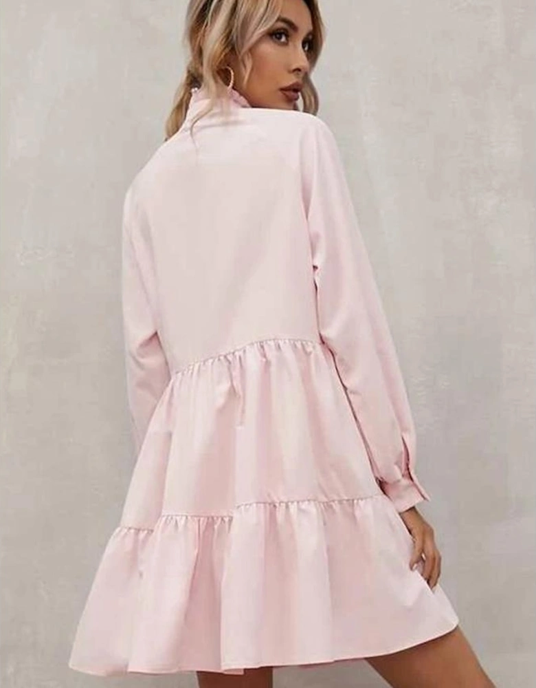 Pink Frilled Stand Collar Long Sleeve Ruffle Dress
