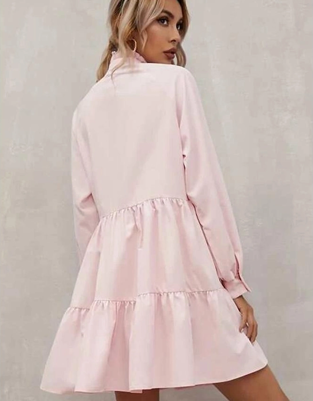 Pink Frilled Stand Collar Long Sleeve Ruffle Dress