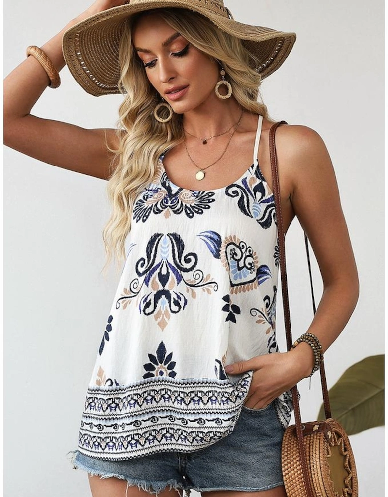 Blue Bohemian Fashion Print Spaghetti Straps Loose Tank
