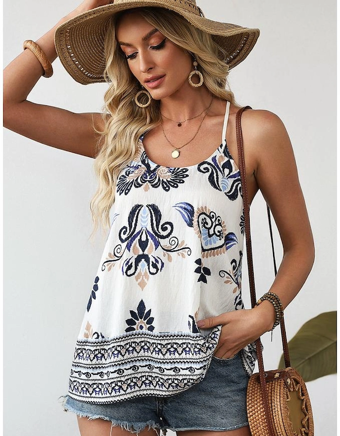 Blue Bohemian Fashion Print Spaghetti Straps Loose Tank