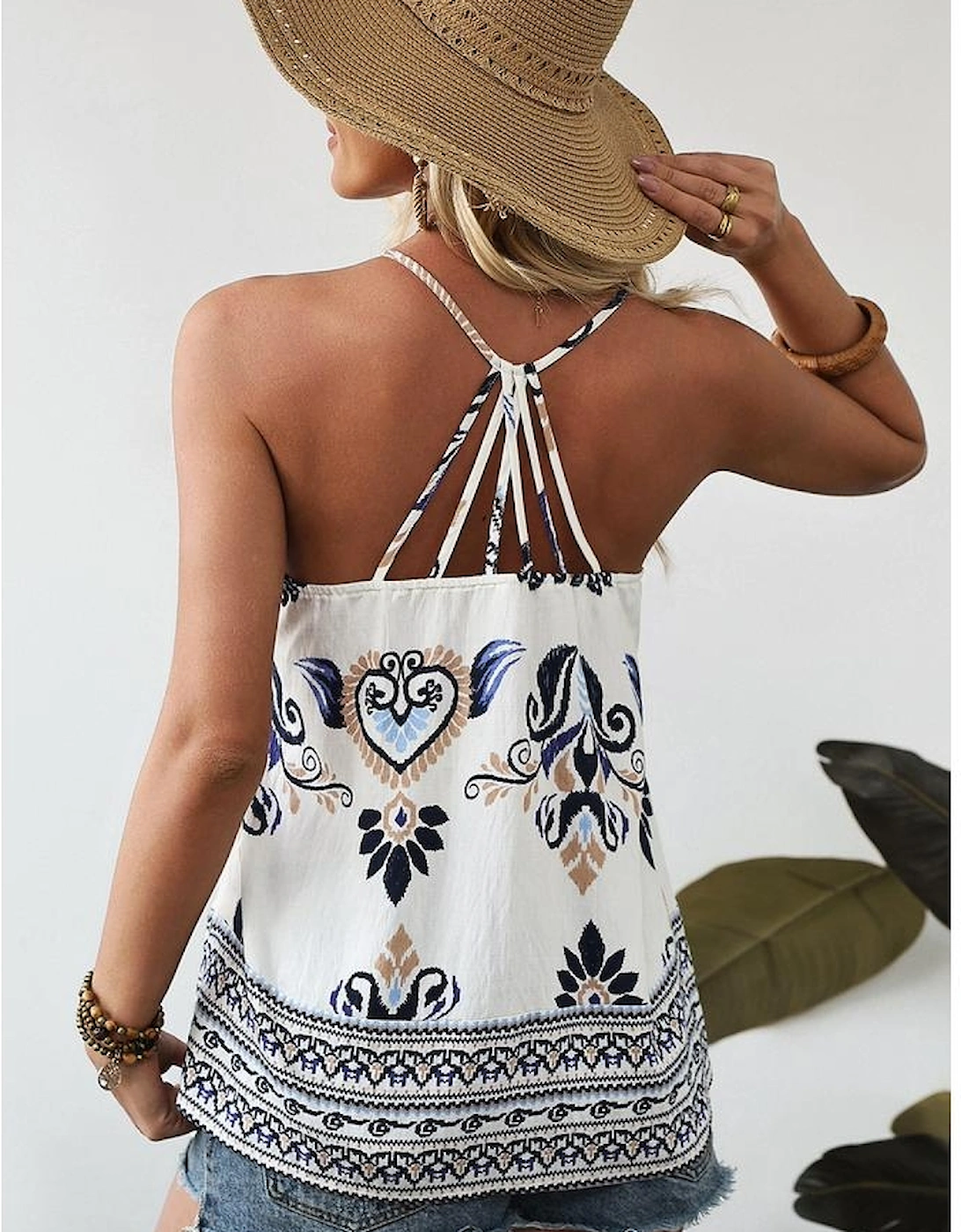 Blue Bohemian Fashion Print Spaghetti Straps Loose Tank, 16 of 15