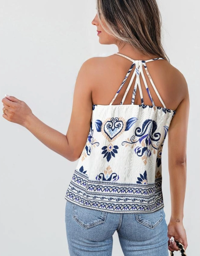 Blue Bohemian Fashion Print Spaghetti Straps Loose Tank
