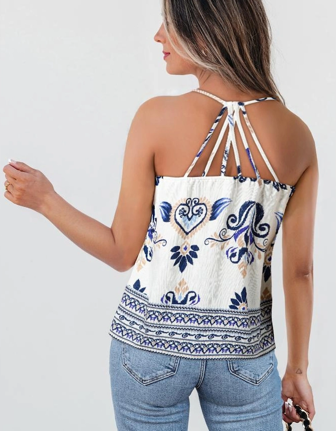Blue Bohemian Fashion Print Spaghetti Straps Loose Tank
