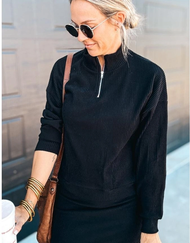 Black Ribbed Zip Stand Neck Drop Shoulder Pullover Bodycon Skirt 2pcs Set