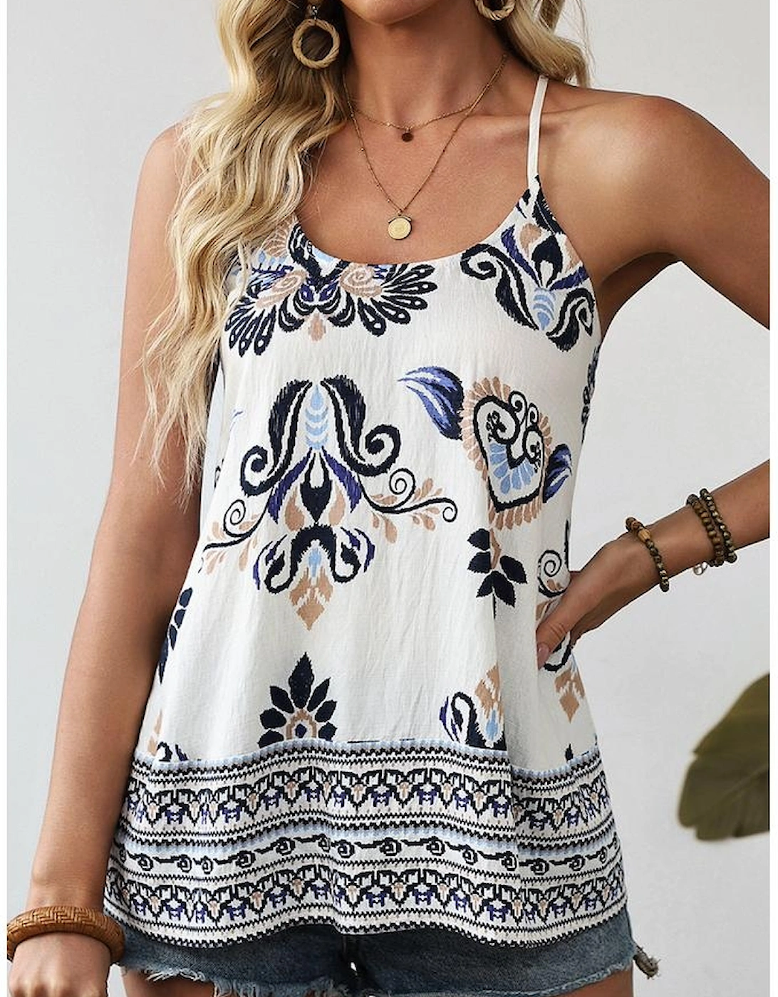 Blue Bohemian Fashion Print Spaghetti Straps Loose Tank