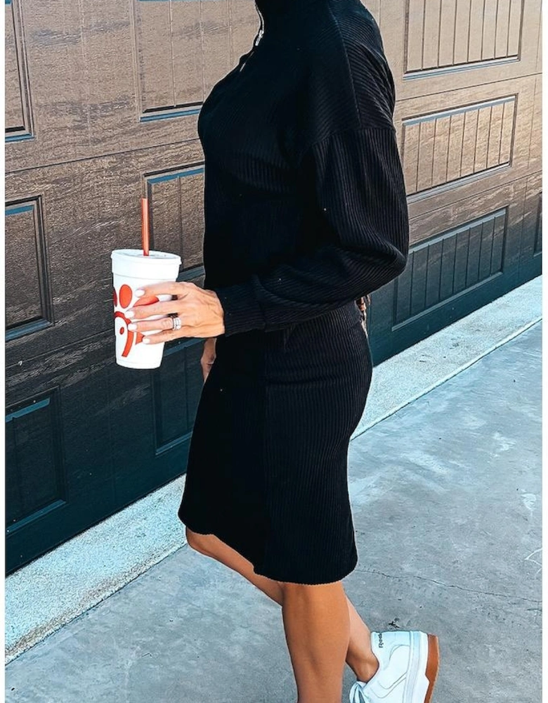 Black Ribbed Zip Stand Neck Drop Shoulder Pullover Bodycon Skirt 2pcs Set
