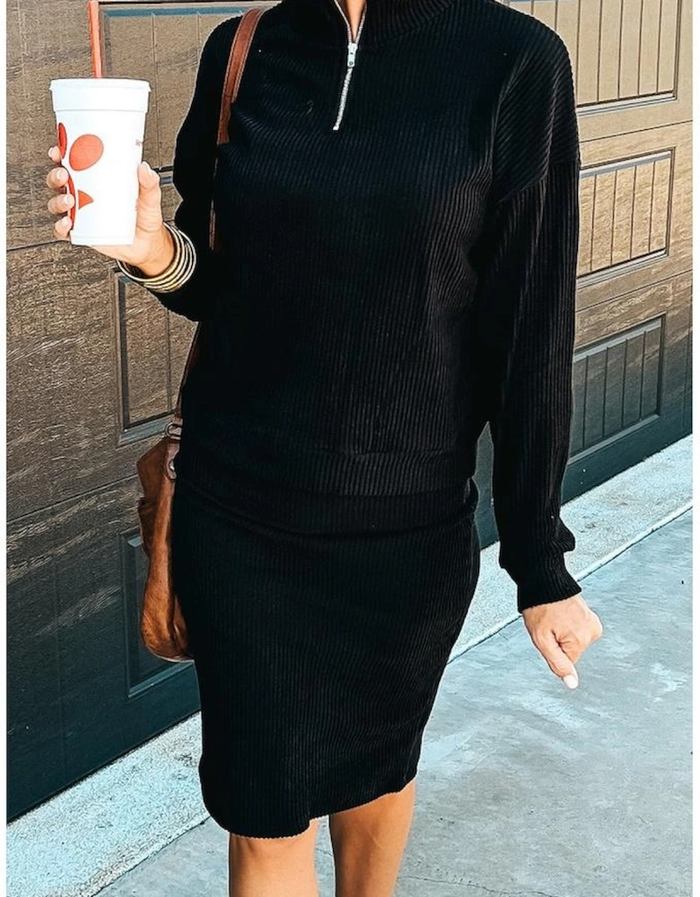 Black Ribbed Zip Stand Neck Drop Shoulder Pullover Bodycon Skirt 2pcs Set