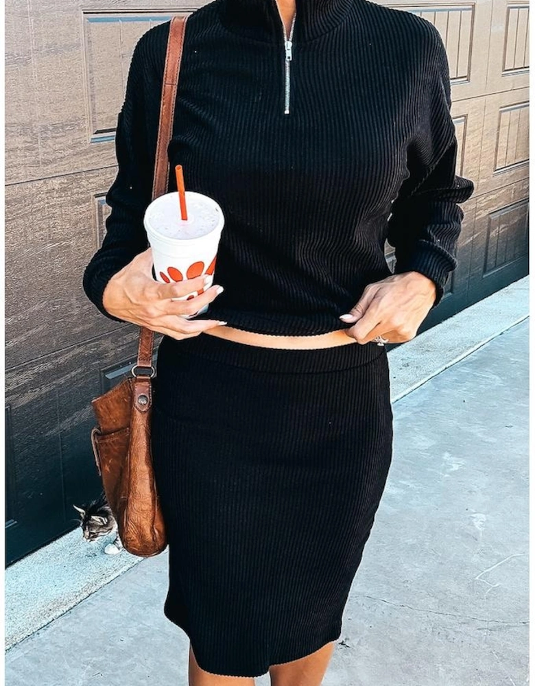 Black Ribbed Zip Stand Neck Drop Shoulder Pullover Bodycon Skirt 2pcs Set
