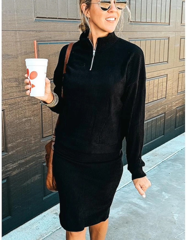 Black Ribbed Zip Stand Neck Drop Shoulder Pullover Bodycon Skirt 2pcs Set