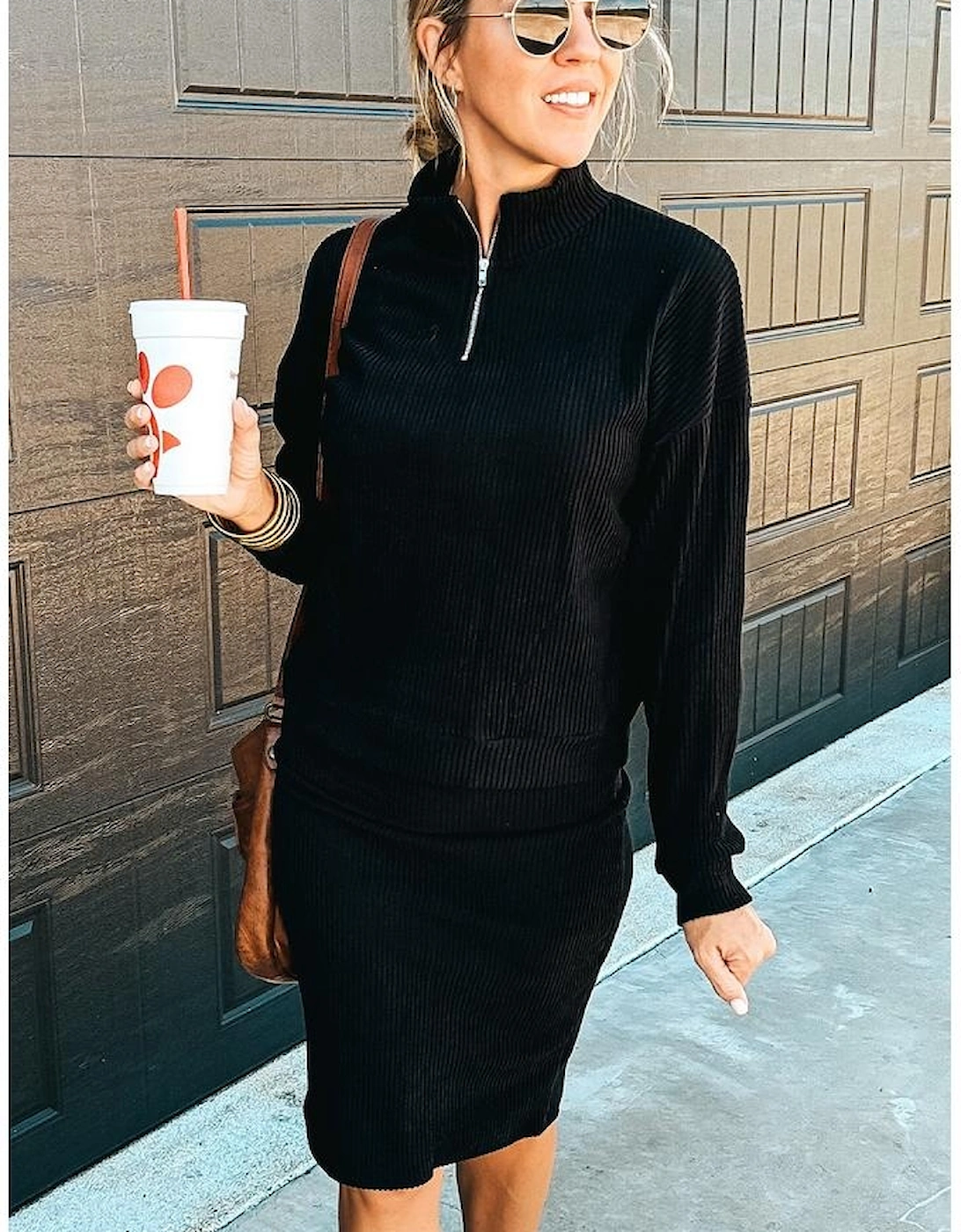 Black Ribbed Zip Stand Neck Drop Shoulder Pullover Bodycon Skirt 2pcs Set