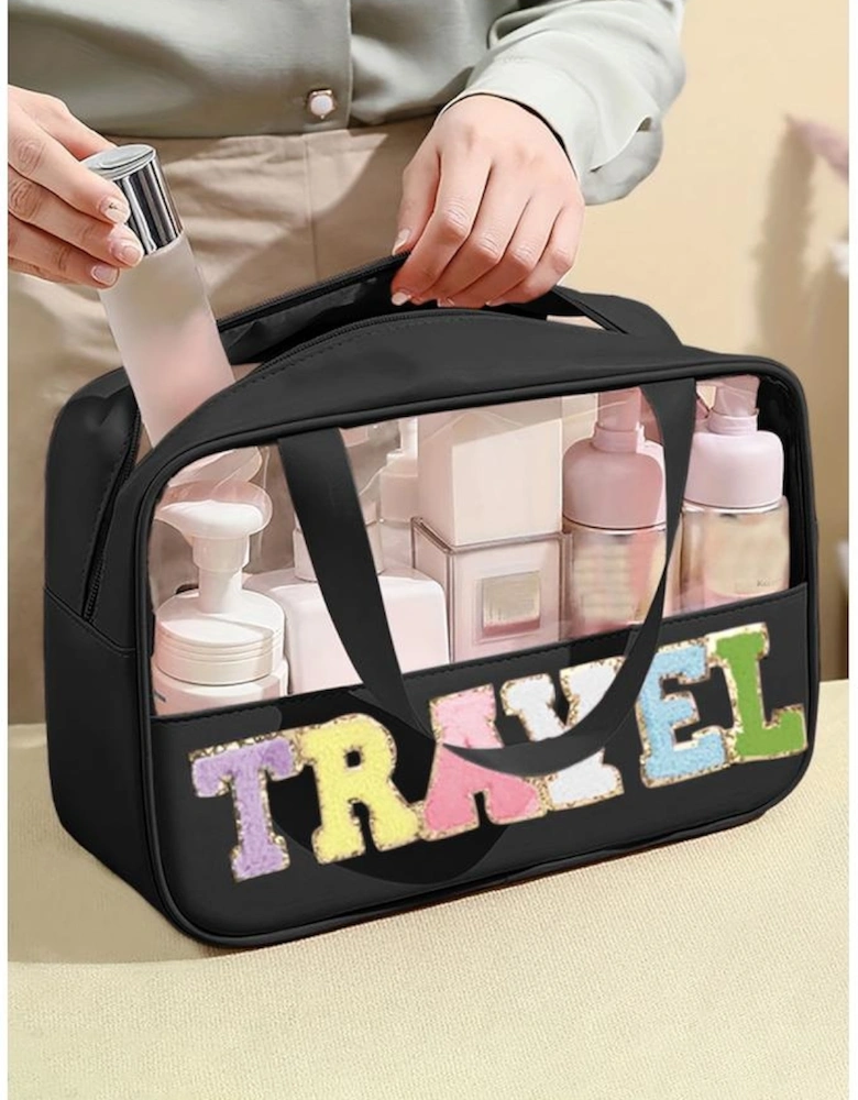 Black TRAVEL Chenille Letter Clear PVC Makeup Bag