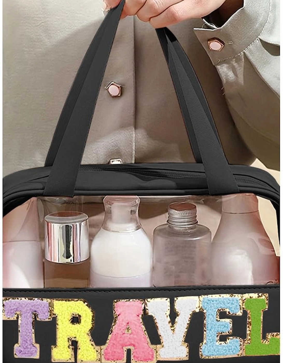 Black TRAVEL Chenille Letter Clear PVC Makeup Bag