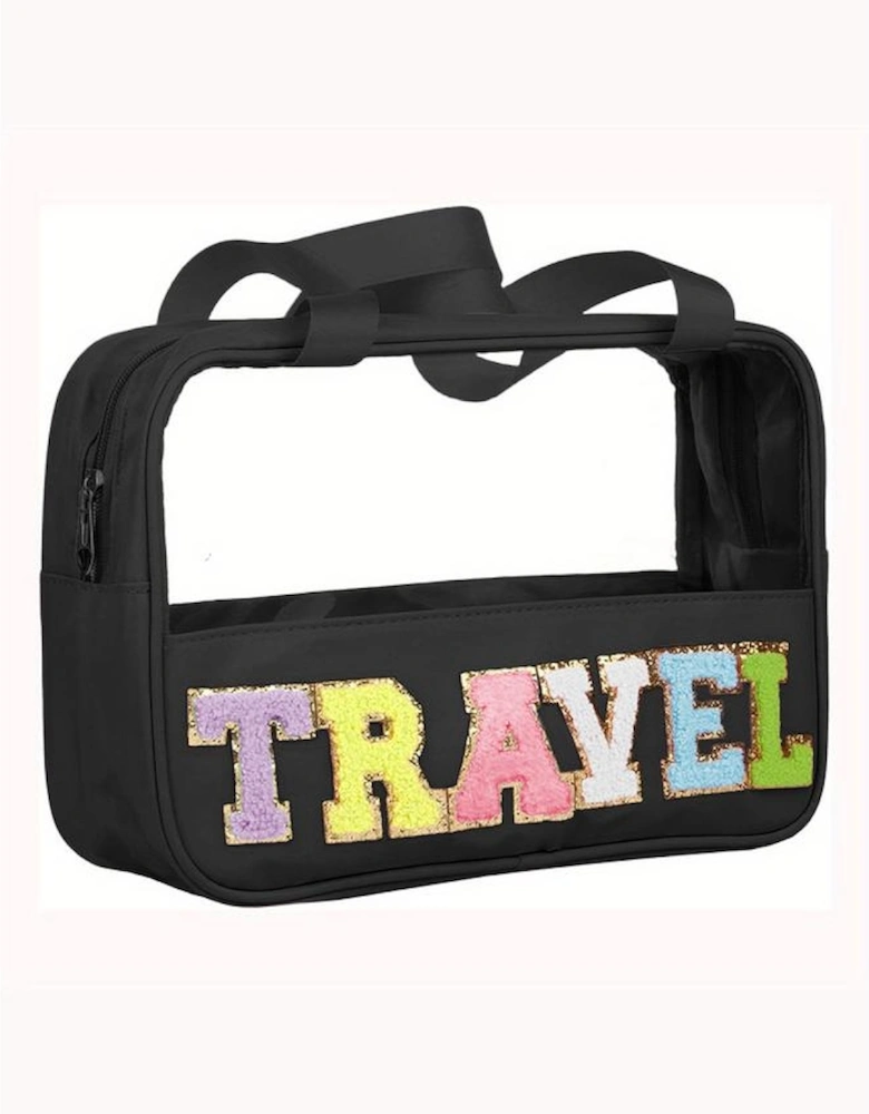 Black TRAVEL Chenille Letter Clear PVC Makeup Bag