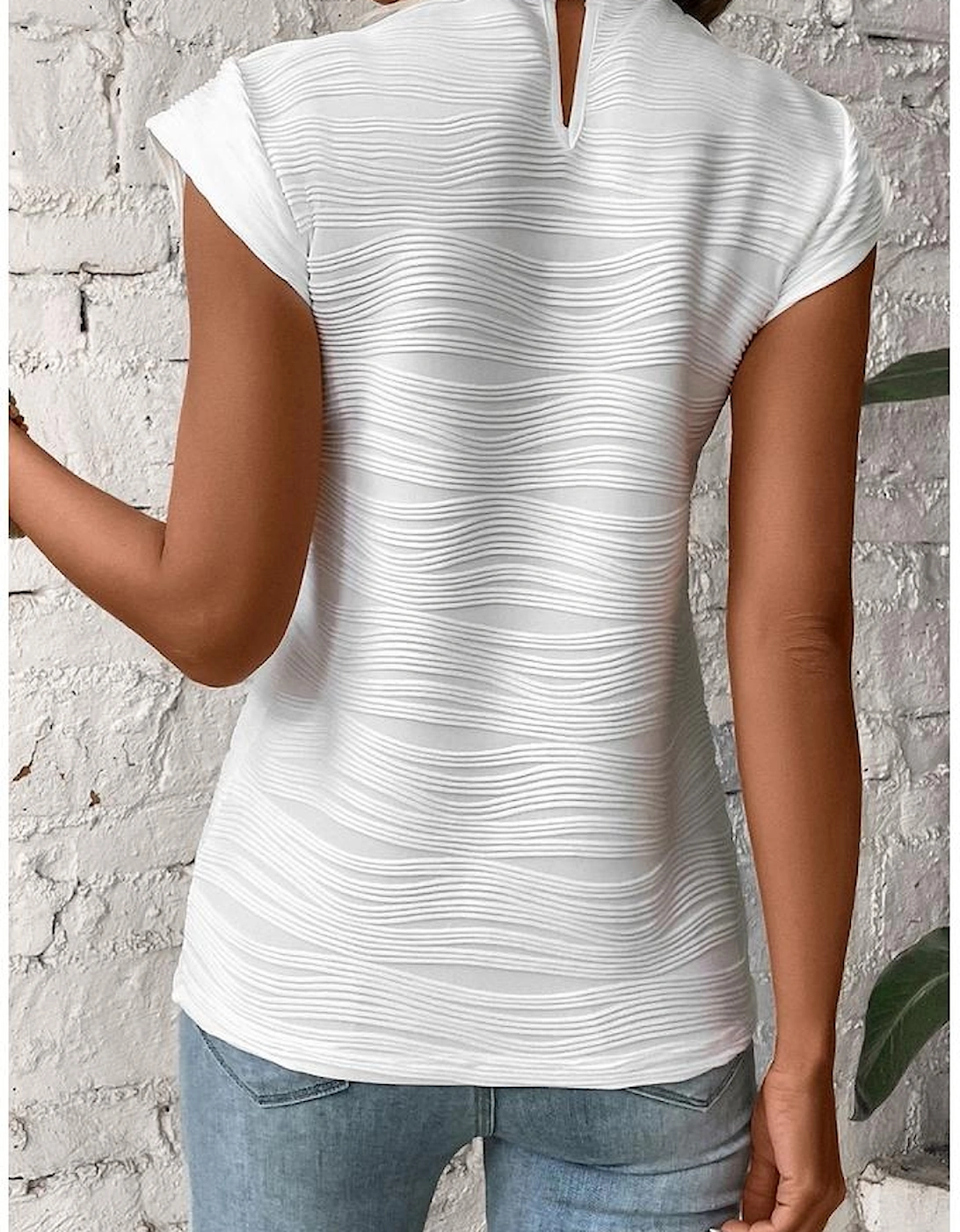 White Wavy Textured Mock Neck Cap Sleeve Top, 7 of 6