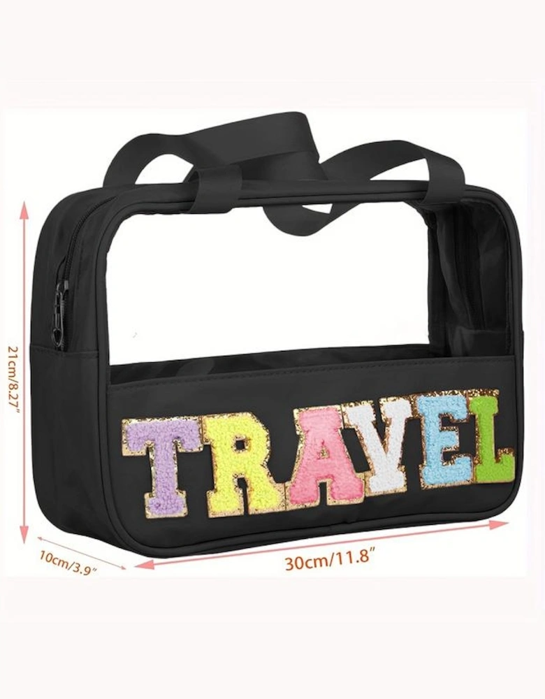 Black TRAVEL Chenille Letter Clear PVC Makeup Bag