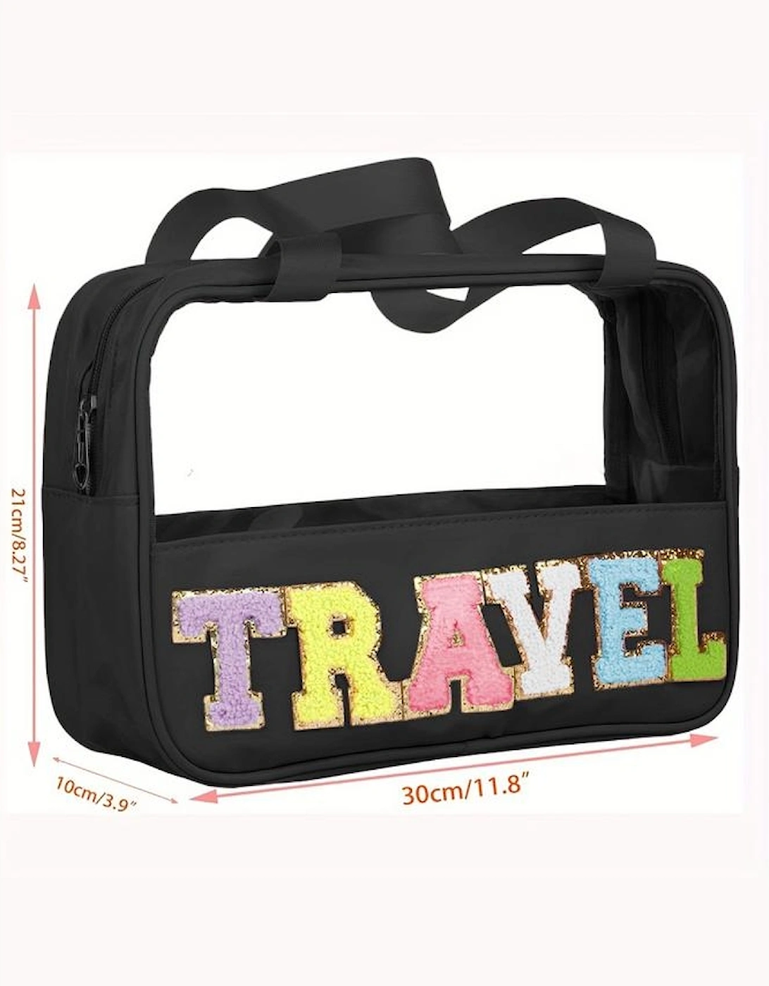 Black TRAVEL Chenille Letter Clear PVC Makeup Bag