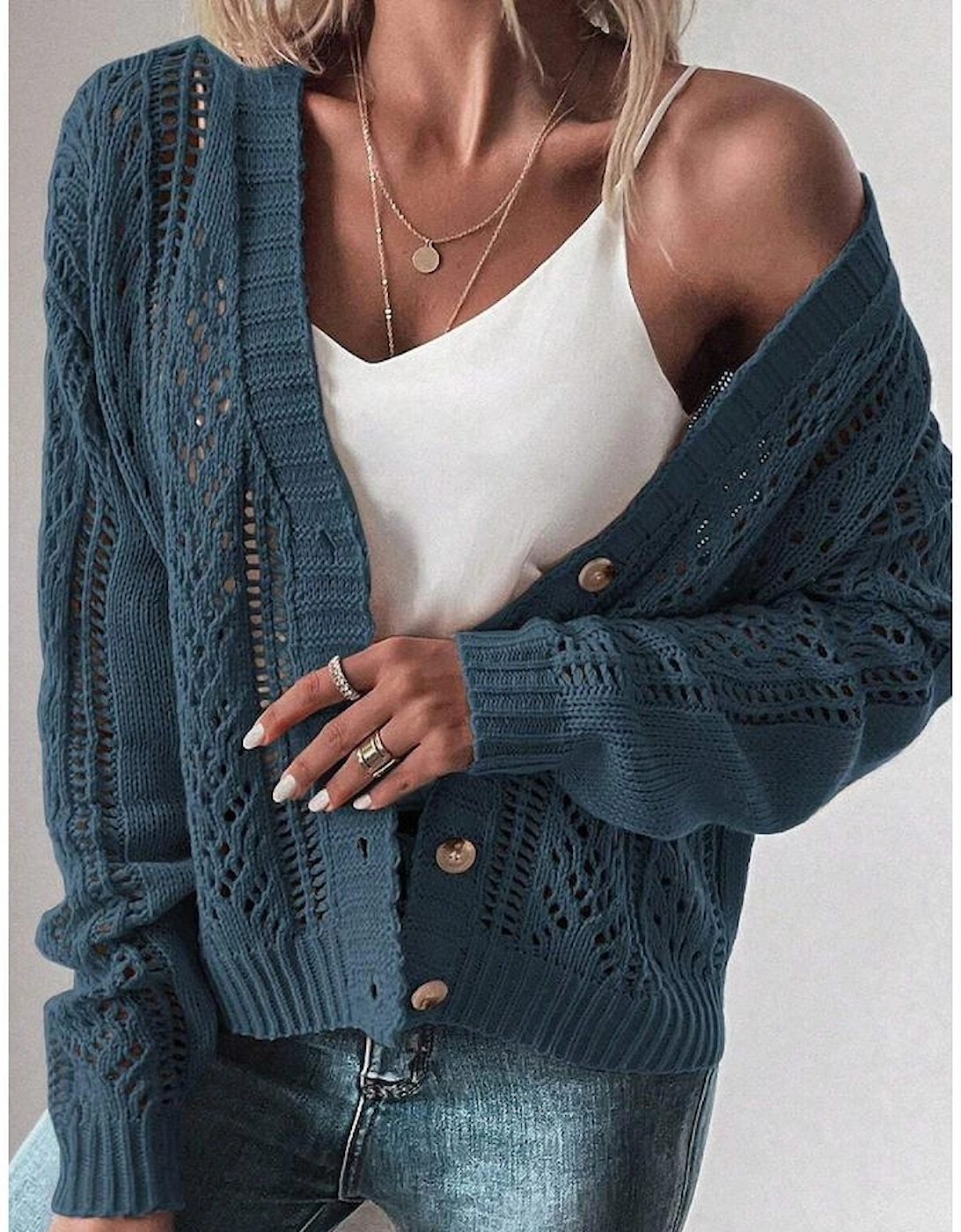 Real Teal Open Knit Drop Shoulder Sweater Cardigan