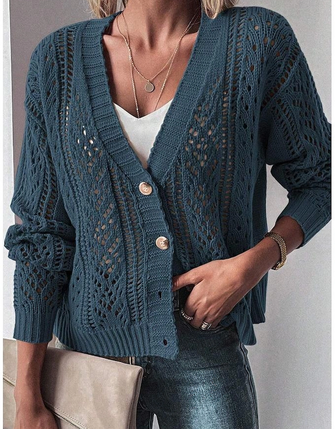 Real Teal Open Knit Drop Shoulder Sweater Cardigan