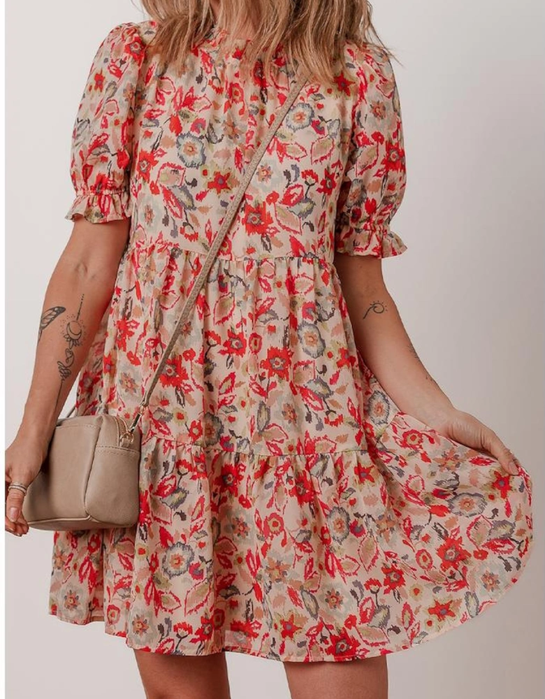 Multicolour Floral Print Frilled Neck Puff Sleeve High Waist Dress