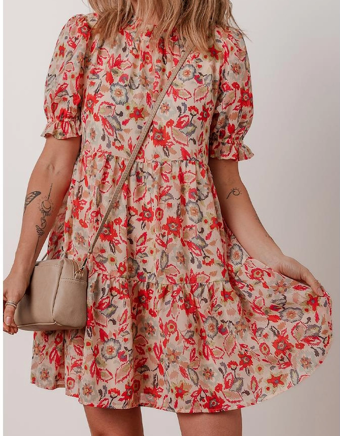 Multicolour Floral Print Frilled Neck Puff Sleeve High Waist Dress