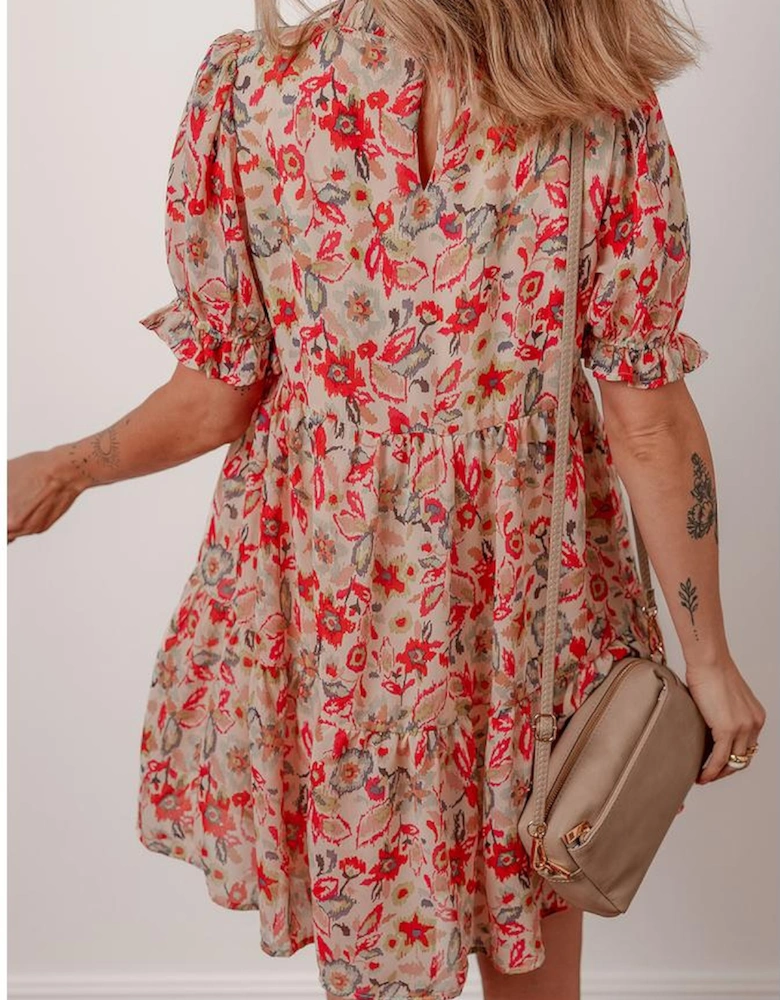 Multicolour Floral Print Frilled Neck Puff Sleeve High Waist Dress