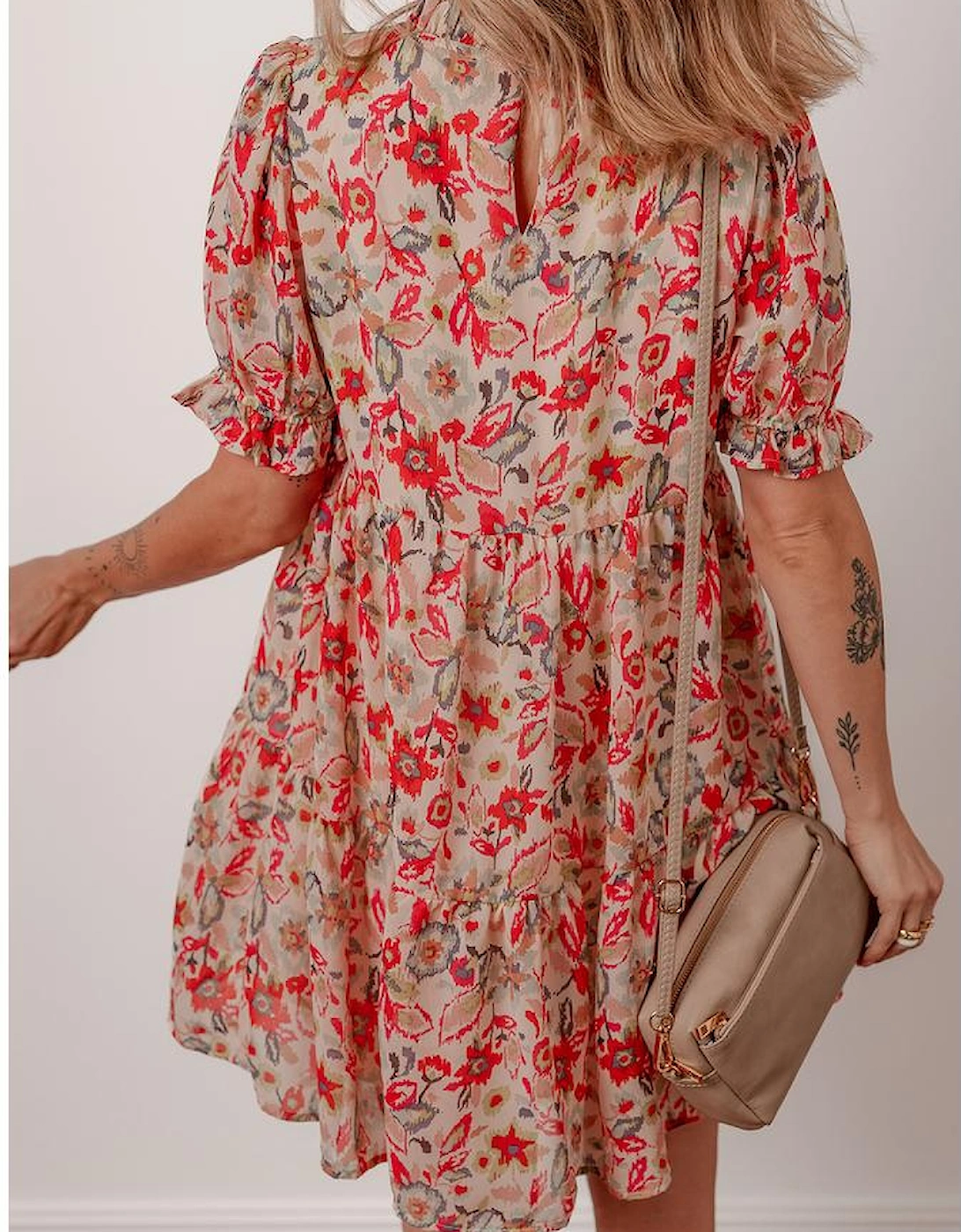 Multicolour Floral Print Frilled Neck Puff Sleeve High Waist Dress