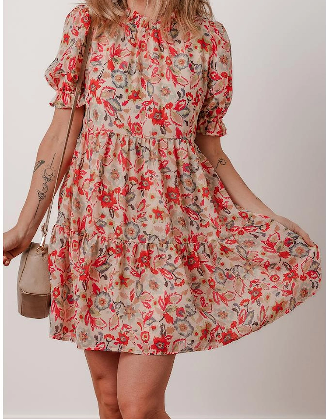 Multicolour Floral Print Frilled Neck Puff Sleeve High Waist Dress