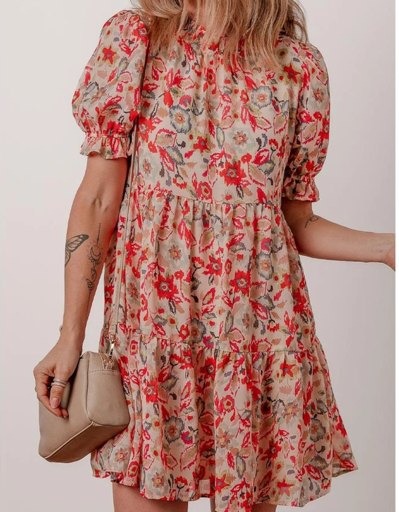 Multicolour Floral Print Frilled Neck Puff Sleeve High Waist Dress