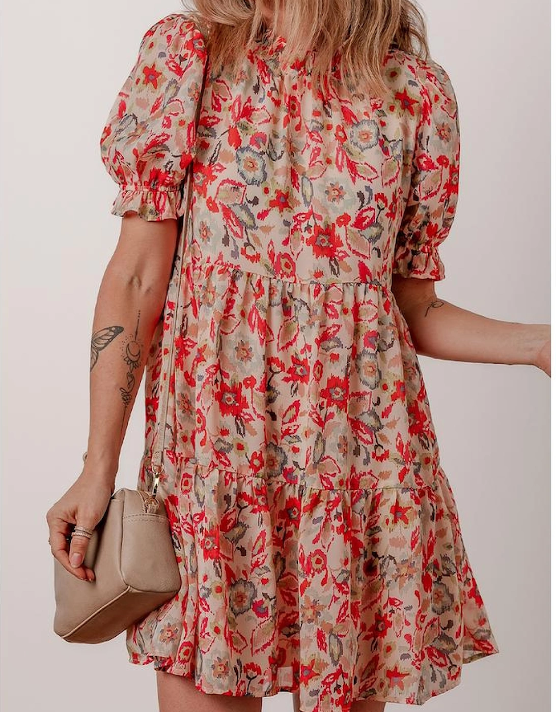 Multicolour Floral Print Frilled Neck Puff Sleeve High Waist Dress