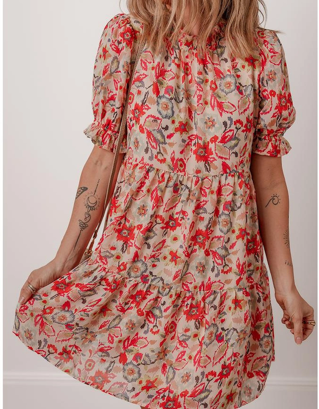 Multicolour Floral Print Frilled Neck Puff Sleeve High Waist Dress