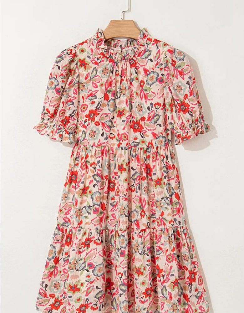 Multicolour Floral Print Frilled Neck Puff Sleeve High Waist Dress