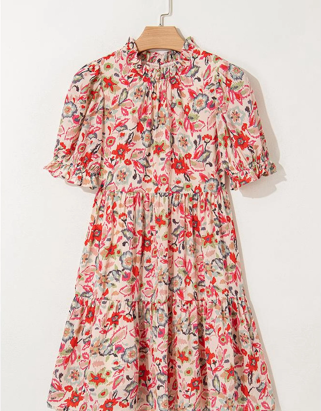 Multicolour Floral Print Frilled Neck Puff Sleeve High Waist Dress
