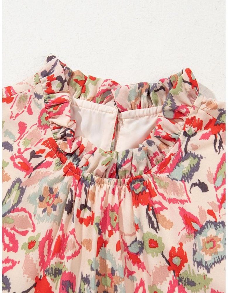 Multicolour Floral Print Frilled Neck Puff Sleeve High Waist Dress