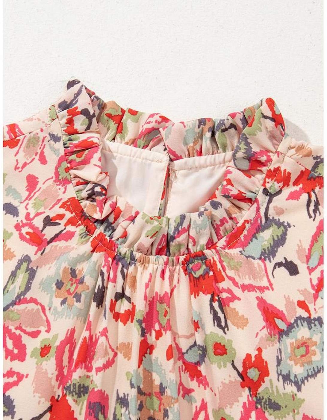Multicolour Floral Print Frilled Neck Puff Sleeve High Waist Dress