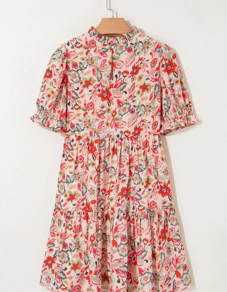 Multicolour Floral Print Frilled Neck Puff Sleeve High Waist Dress