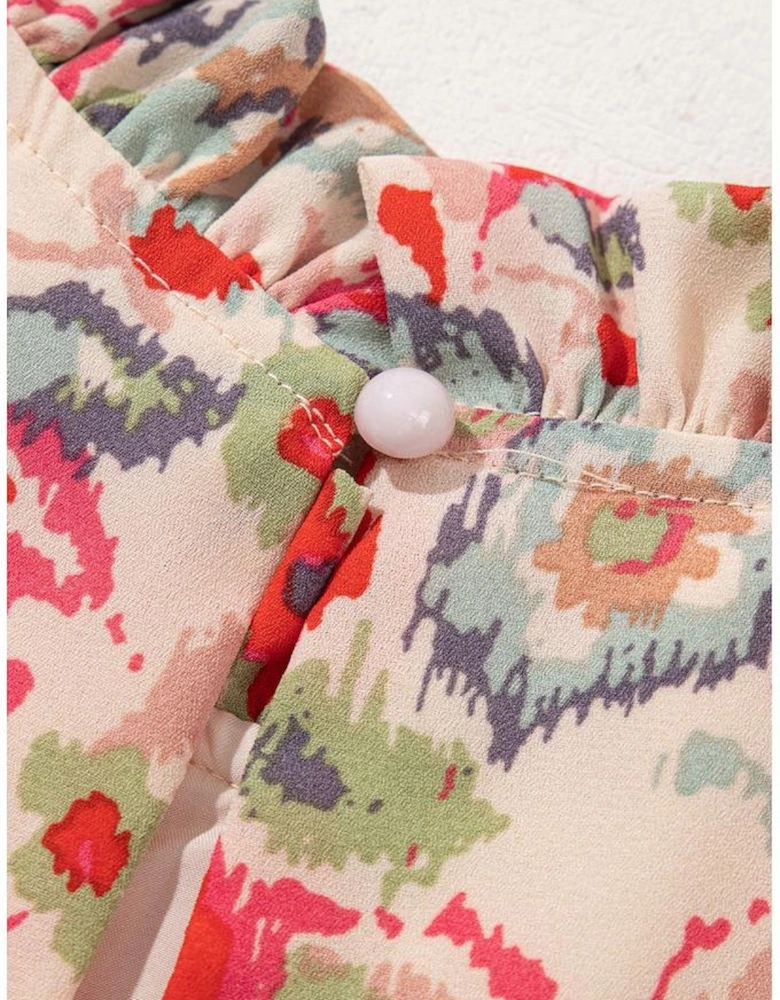 Multicolour Floral Print Frilled Neck Puff Sleeve High Waist Dress