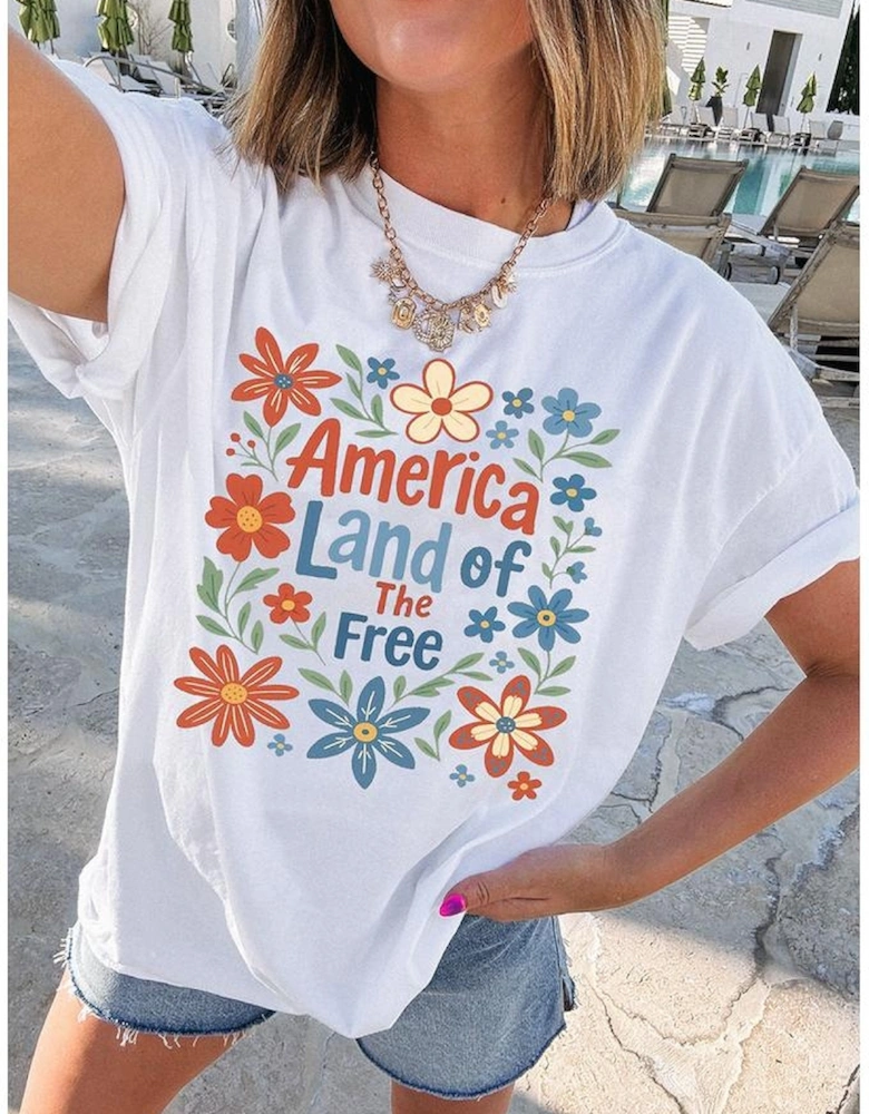 White America Land of The Free Flower Graphic Crewneck T Shirt