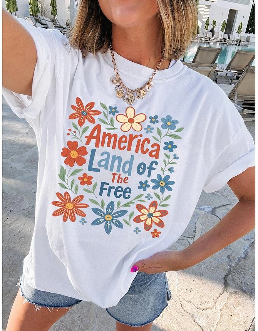 White America Land of The Free Flower Graphic Crewneck T Shirt