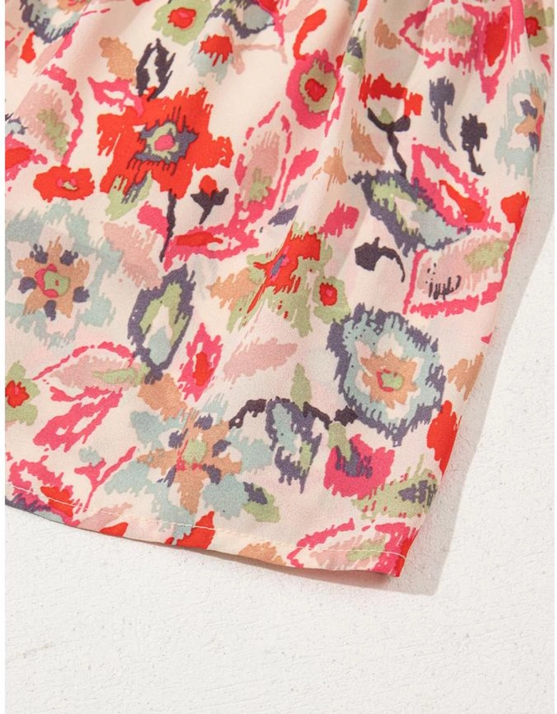 Multicolour Floral Print Frilled Neck Puff Sleeve High Waist Dress